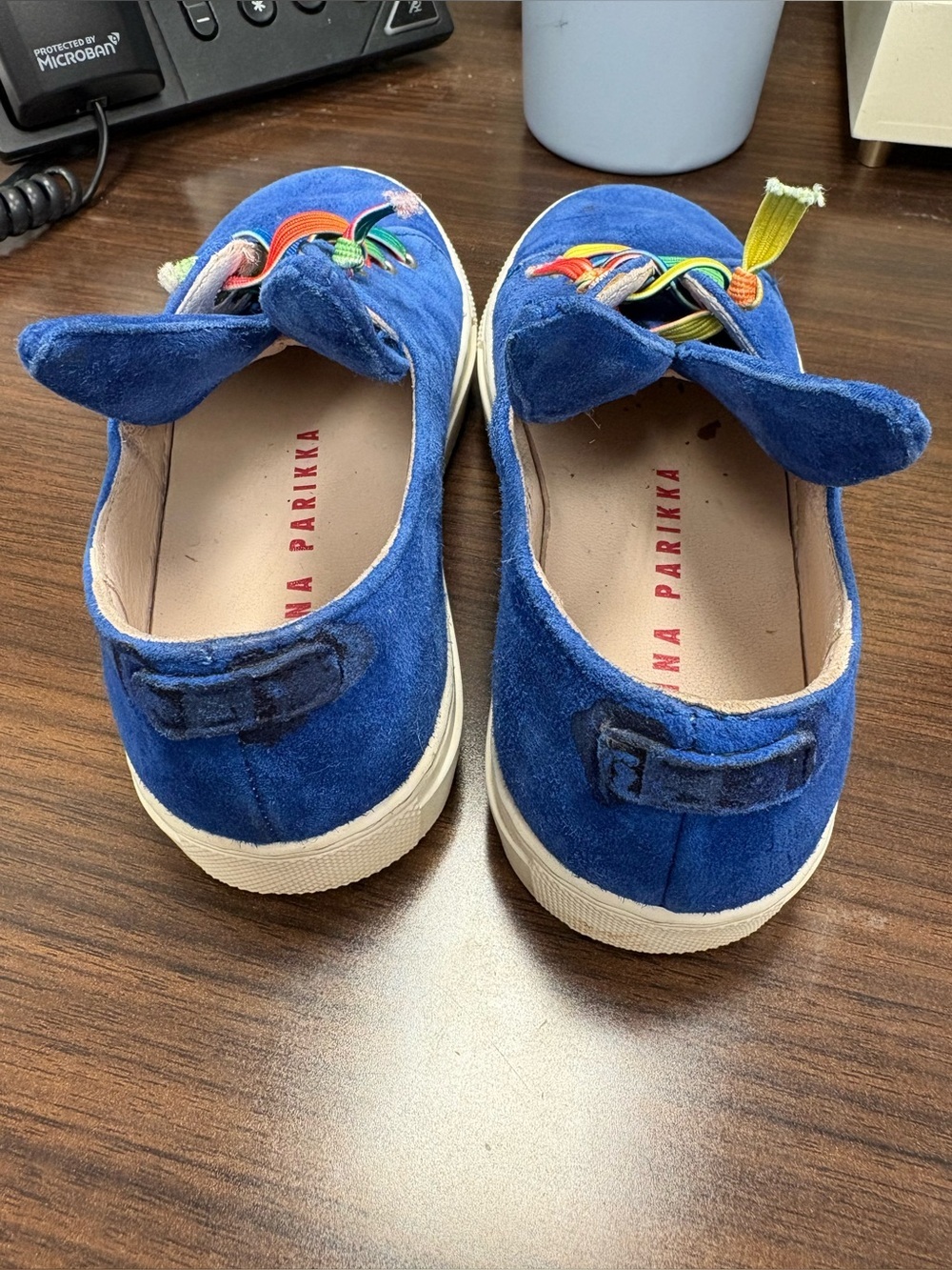 Minna Parikka Blue Suede Slip-On Bunny Sneakers with Rainbow Laces - Picture 5 of 11